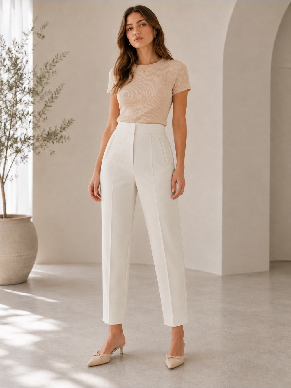 Zara High Waisted Ivory Tailored Straight Leg Trousers Pants Size M